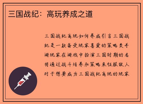 三国战纪：高玩养成之道