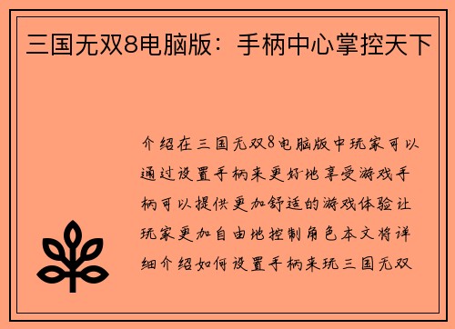 三国无双8电脑版：手柄中心掌控天下